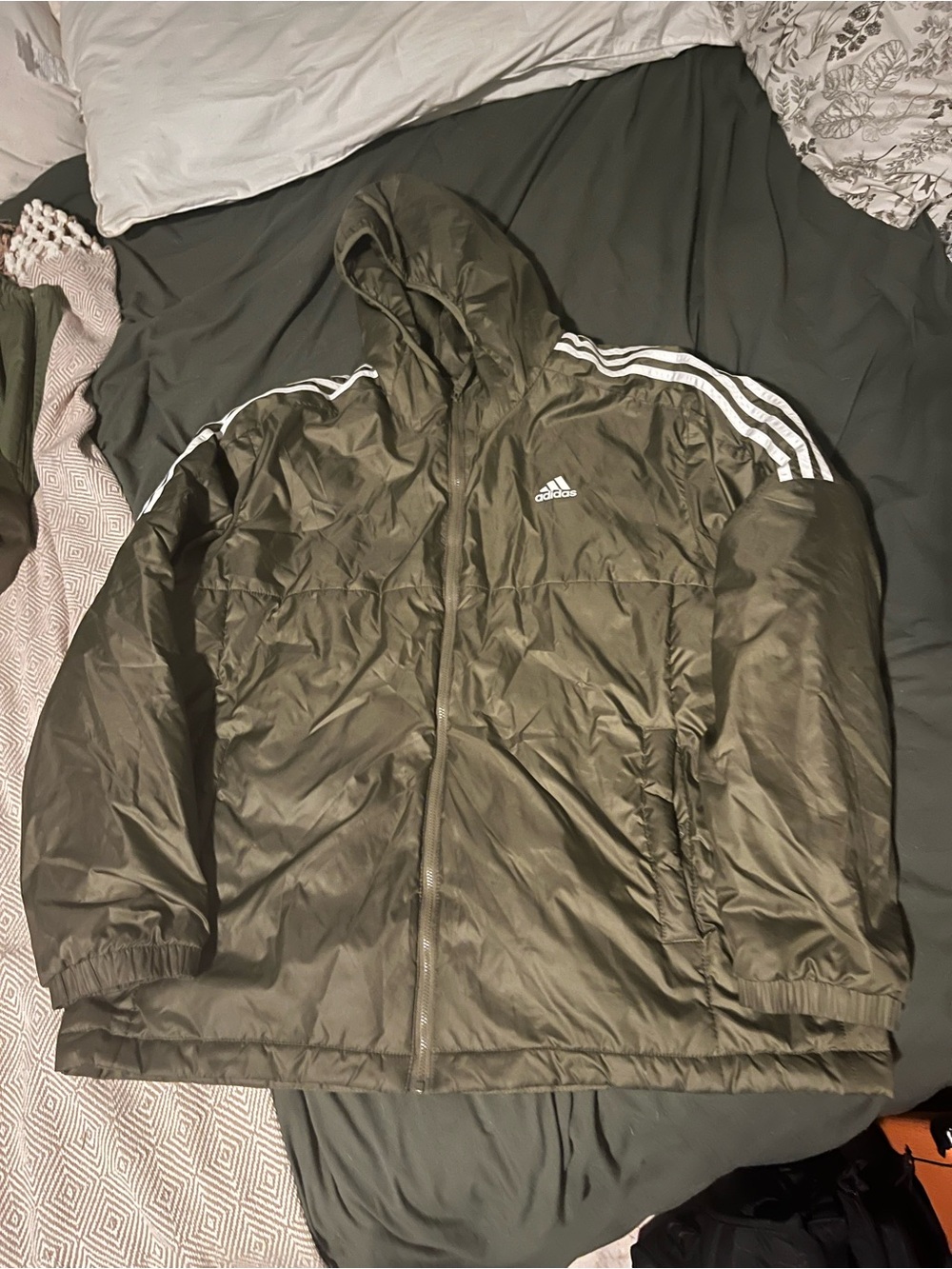 adidas Olive Hooded Windbreaker with White Three Stripes